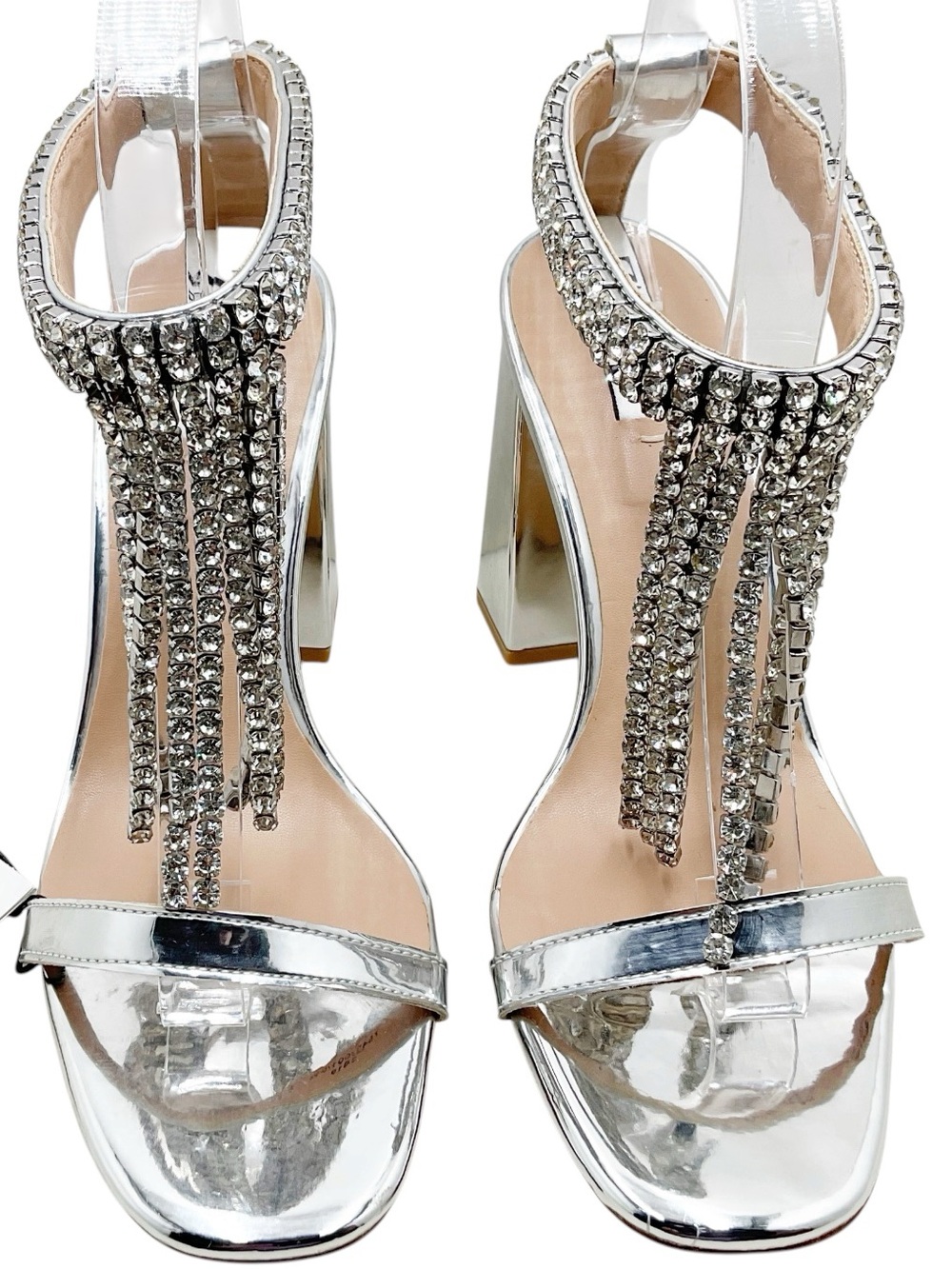 🆕{Zara} Silver Crystal T-Strap Block Heel Sandals